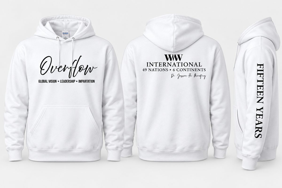WMW International Overflow Hoodie – White | 15-Year Celebration