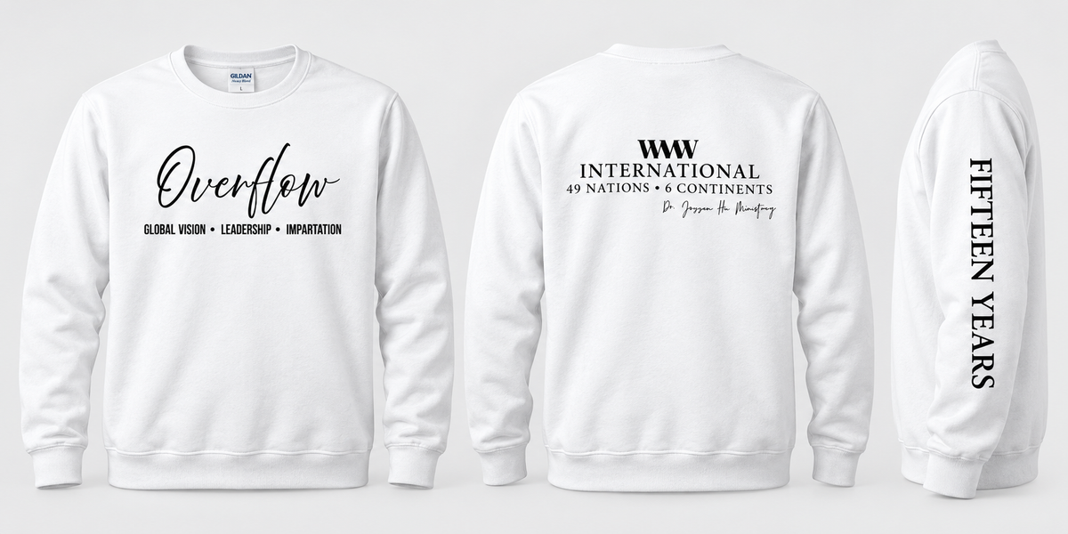 WMW International Overflow Crewneck Sweatshirt – White | 15-Year Celebration