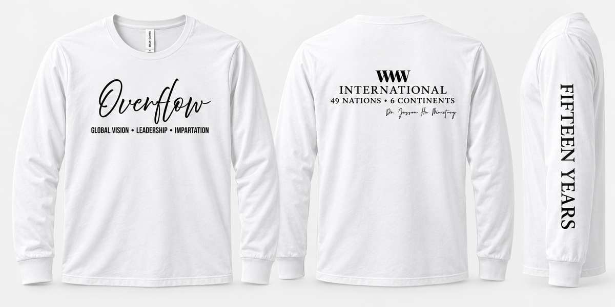 WMW International Overflow Long Sleeve Tee – White | 15-Year Celebration